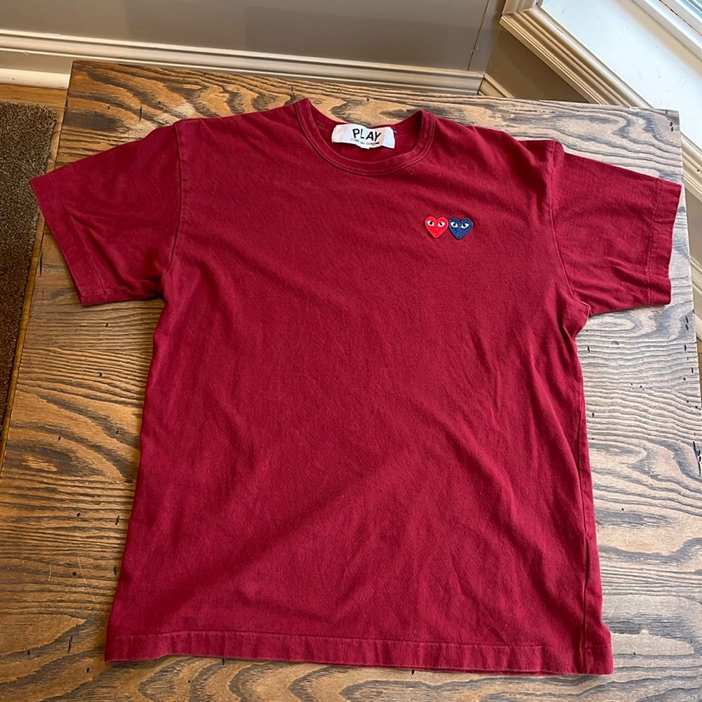 Comme des Garcons Play double heart burgundy s/s tshirt size XL